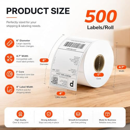 4” x 6” Direct Thermal Labels – 500 Labels (1 Roll, 500 per Roll) Water & Oil Resistant, Permanent Adhesive – Compatible with Zebra, Rollo & Similar Printers (Not for DYMO) (1 Roll) - size: 1 Roll