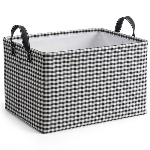 Hushee Black Gingham Basket Checkered Storage Collapsible Bin with Handles - color: Black