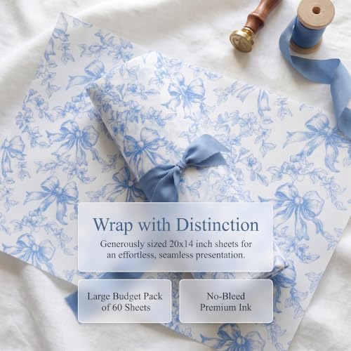 LIAPAWPAW Blue Bow Floral Tissue Paper for Gift Bags, 60 Sheets 20x14 Inch - color: Blue Bow & Floral Toile