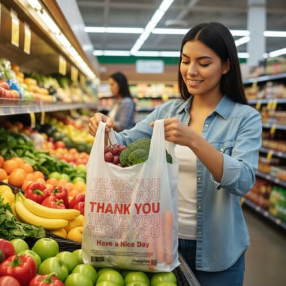 T-Shirt Bags Printed “Thank You” 21x12 Inches, 0.8 Mil Thick, 100 Count – Durable Plastic Carry Bags with Handles, Leak-Proof & Tear-Resistant, 20 Gallon Capacity, Recyclable Grocery & Restaurant Use