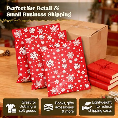 Shop4Mailers Christmas Poly Mailers 10x13 Inch – 100 Pack Snowflake Waterproof Shipping Bags for Small Business, 2 Mil Self-Seal Mailing Envelopes, Durable Red Poly Mailers for Holiday Packaging - size: 100 Pack