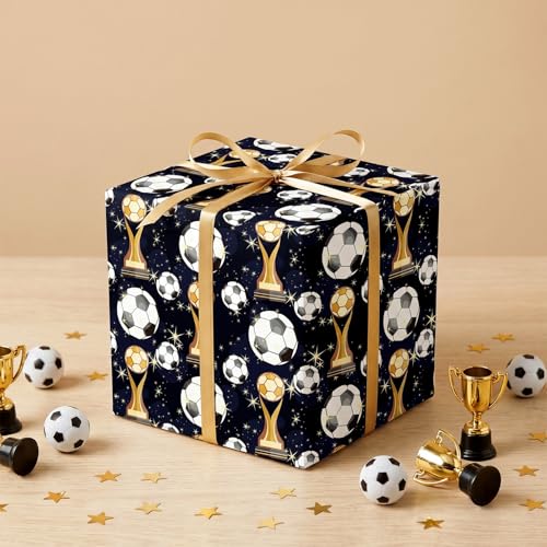 RUSPEPA Soccer Wrapping Paper Roll, Mini Roll, Football Trophy & Gold Star Design, Black Gift Wrap Paper for Boys, Kids, Teens, Sports Fans, Team Celebration, Football Party, 17 Inches x 16.4 Feet - color: Black Gold Soccer