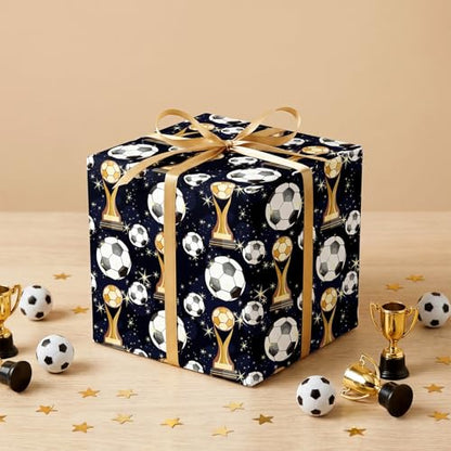 RUSPEPA Soccer Wrapping Paper Roll, Mini Roll, Football Trophy & Gold Star Design, Black Gift Wrap Paper for Boys, Kids, Teens, Sports Fans, Team Celebration, Football Party, 17 Inches x 16.4 Feet - color: Black Gold Soccer