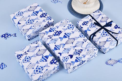 Sikiweiter Blue Fish Wrapping Paper - 17" x 33 Feet - Watercolor Marine Ocean Sea Life Print Gift Wrap - color: Blue Fish
