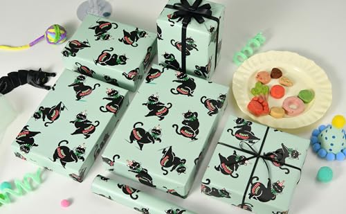Sikiweiter Funny Black Cat Birthday Wrapping Paper Roll, 17 Inch x 16.5 Feet, Gift Wrap with Happy Birthday Text, Mint Green Background, Fun Kitty Birthday Paper(Funny Black Cat Birthday) - color: Funny Black Cat Birthday