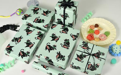 Sikiweiter Funny Black Cat Birthday Wrapping Paper Roll, 17 Inch x 16.5 Feet, Gift Wrap with Happy Birthday Text, Mint Green Background, Fun Kitty Birthday Paper(Funny Black Cat Birthday) - color: Funny Black Cat Birthday