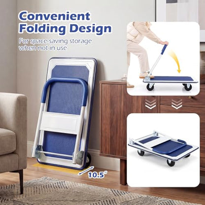 Folding Platform Hand Truck, Heavy-Duty Push Cart Dolly with 4 Wheels, Space-Saving Collapsible Metal Flat Bed Wagon for House Moving, Warehouse & Office, 660 LBS Weight Capacity
