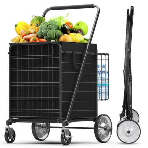 5.7 Cu Ft Folding Shopping Cart - 600 LB Capacity Grocery Cart with 360° Braked Swivel Wheels - Heavy Duty Utility Cart with Double Basket & Removable Waterproof Liner with Lid for Laundry - color: Black