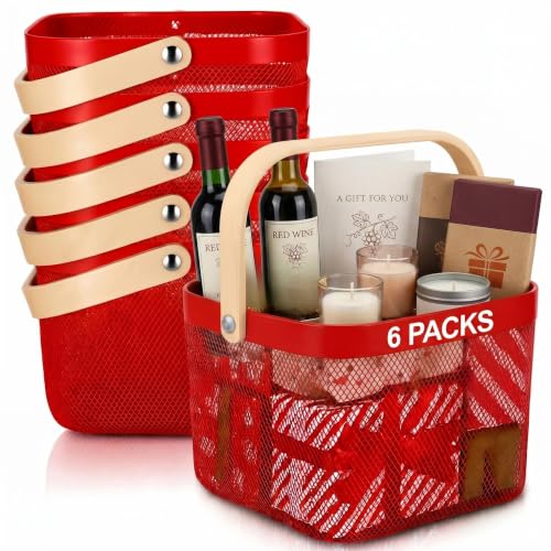 Roshtia 6 Pcs Metal Mesh Basket with Handle, Garden Basket for Christmas - color: Red, size: 9.65 x 9.65 x 7.09 Inch