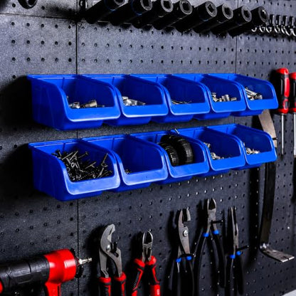 WallPeg Pegboard Bins - 6 Each 7" & 6 Each 5" Organizing Bins Blue - Hooks to Peg Board Panel Organize Hardware Arrange Accessories Workbench Tool Organizer Garage Storage -Made in USA-