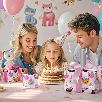 WRAPAHOLIC Kitty Cat Wrapping Paper Roll - Mini Roll - 17 Inch x 33 Feet - Pink Adorable Birthday Kitty Design, Perfect for Kids Girls Birthday, Baby Shower, Cat Lover - color: Birthday - Pink Cat