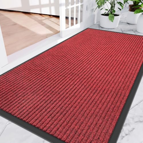Amyracel Front Door Matt 4'x5', Heavy Duty Waterproof Indoor Outdoor Doorma - color: Red Double Stripe, size: 5' x 4' (Rectangular)