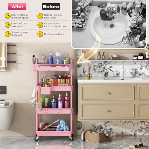 Goovilla Rolling Makeup Organizer Cart with Removable Drawer, 4 Tier Pink - color: Pink, size: 4 Tier