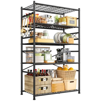 DurayLoly Heavy Duty 5-Tier 1000LBS Metal Shelving with 4 Side Hooks, Black - size: 36" W x 12" D x 72" H (5T)