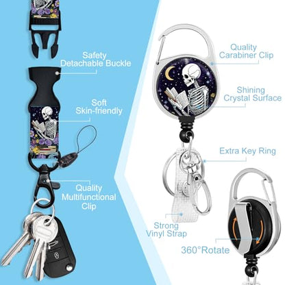 Piefly Lanyards for Id Badges, Teacher Card Holder Retractable Reel Skull - color: Skull Skeleton Book