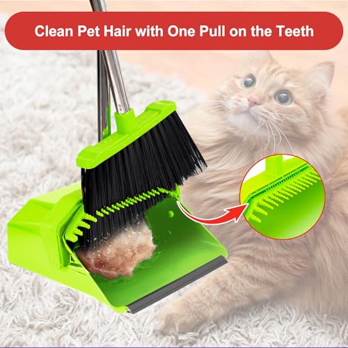 Broom and Dustpan Set for Home, 51" Long Handle Standing Pan Light Green - color: Green