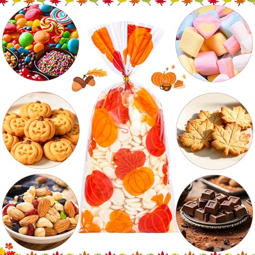 100Pcs Fall Thanksgiving Cellophane Treat Bags - 5 x 11 Inch Clear Fall Goodie Bags with Gold Ties for Cookies, Snacks, Party Favors & Gift Packaging, 2.8 Mil Thick Plastic Autumn Candy Bag for Kids - color: Fall 100pcs