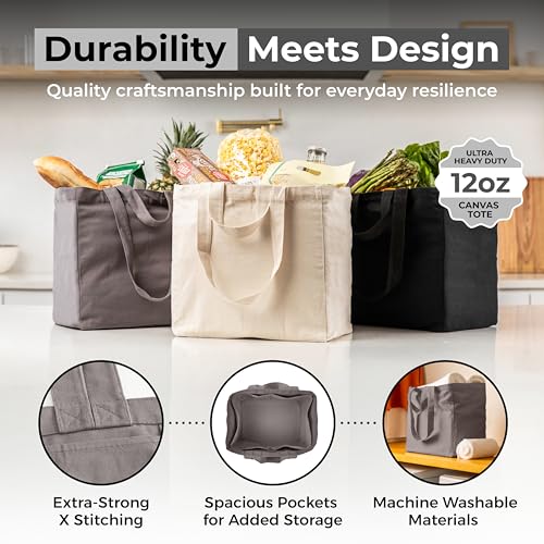 VeraMia Canvas Grocery Bag 3pc XL Set with Real Pockets, Long Shoulder Strap and Short Handle. Heavy Duty, Foldable, Washable - color: Grey