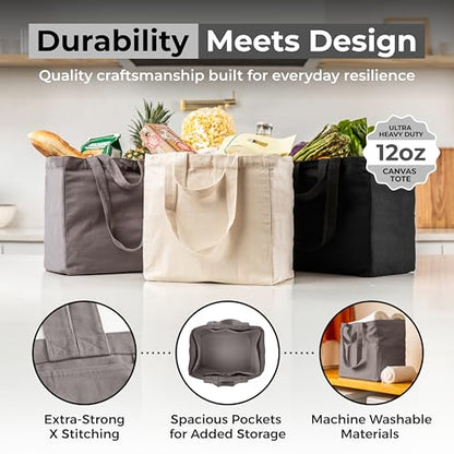 VeraMia Canvas Grocery Bag 3pc XL Set with Real Pockets, Long Shoulder Strap and Short Handle. Heavy Duty, Foldable, Washable - color: Grey
