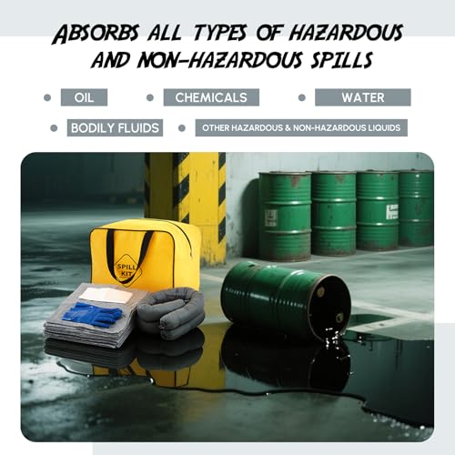 24 Pcs Universal Spill Kit, Portable Complete Emergency Spill Kit, Absorbs Oils Water and More, Yellow Bags, 15 Absorbent Pads, 2 Pcs 3" x 3.3' Sorbent Socks, 5 Disposal Bags, PVC Gloves, 1-Pack
