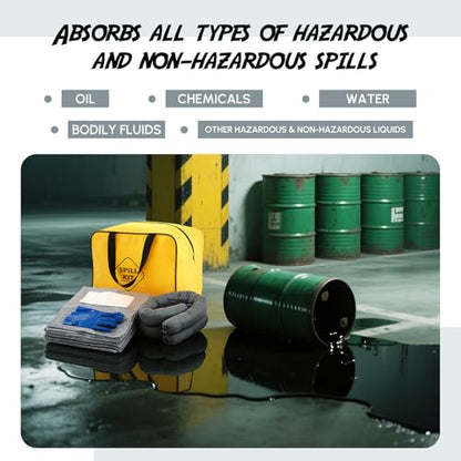 24 Pcs Universal Spill Kit, Portable Complete Emergency Spill Kit, Absorbs Oils Water and More, Yellow Bags, 15 Absorbent Pads, 2 Pcs 3" x 3.3' Sorbent Socks, 5 Disposal Bags, PVC Gloves, 1-Pack