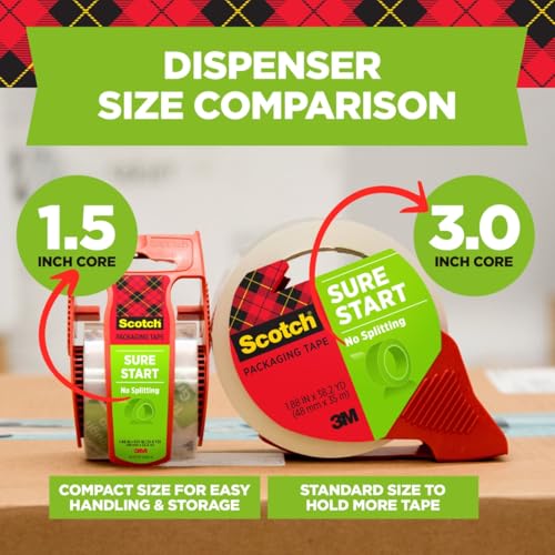 Scotch Sure Start Shipping Packaging Tape, 1.88" x 54.6 yd, Designed for Packing, Shipping and Mailing, Quiet Unwind, No Splitting or Tearing, 3" Core, Clear, 1 Roll (345) - size: 1 Roll