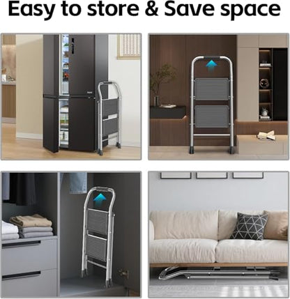 600Lbs Heavy Duty Step Ladder Foldable Folding Stool - for Home Adults Kitchen 2 Stepping Extension Tall with Handrails - Closet Stepstool Stair Ladders Extendable Stepladder for Indoor House - size: 2 Step