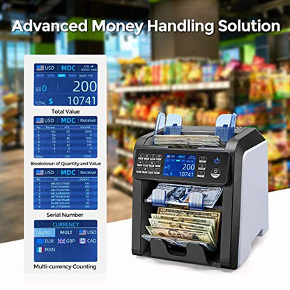 MUNBYN IMC08 Dual Money Counter Machine Mixed Denomination with Reject Pocket, Value Counting, Counterfeit Detection 2 CIS/UV/MG/IR, Sort&Print Enabled Cash Counter, Mixed Bill Counter (White) - color: White