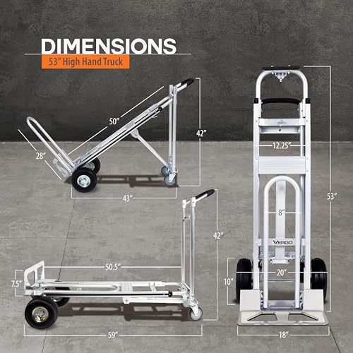 Vergo Industrial Convertible Hand Truck - AS7A2 Heavy Duty Aluminum 3 in 1 Dolly (750 lb Capacity) Lightweight Frame, Ergonomic Handle, Extendable Loop, Versatile Moving Dolly (3 Positions, 53" High) - size: 3 Positions, 53" High