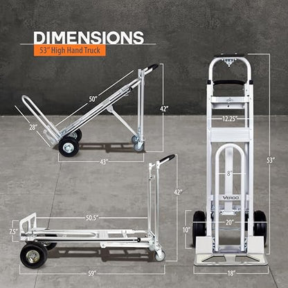 Vergo Industrial Convertible Hand Truck - AS7A2 Heavy Duty Aluminum 3 in 1 Dolly (750 lb Capacity) Lightweight Frame, Ergonomic Handle, Extendable Loop, Versatile Moving Dolly (3 Positions, 53" High) - size: 3 Positions, 53" High