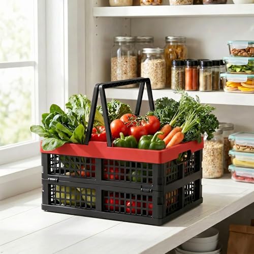 2-Pack Foldable Crates with Handles, 15L Plastic Collapsible Baskets