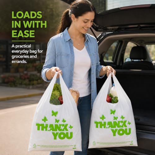 YoYoRain 1000 Count Large T-Shirt Bags – White Plastic Shopping Bags with Handles, 11"x6"x21", for Retail, Merchandise, Grocery, Supermarket Use - style: Green Bf