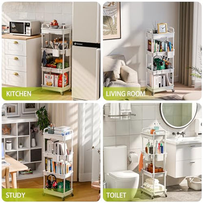 Sorgion 4 Tier Rolling Cart Organizer,Art Craft Diaper Bedside Snack Laundry Room Bathroom Organizer Narrow Thin Slim Rolling Trolley Utility Cart with Wheels for Kitchen,Office(White) - size: 4Tier-White