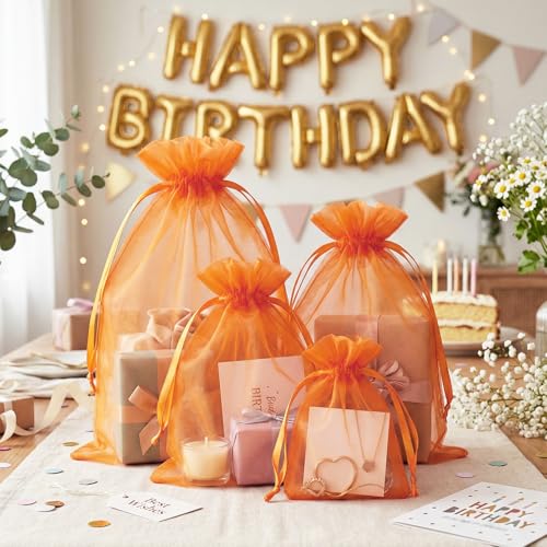 FUNFERY 100Pcs Orange Organza Bags 5x7 in,Small Mesh Drawstring Gift Bag - color: Classic Orange