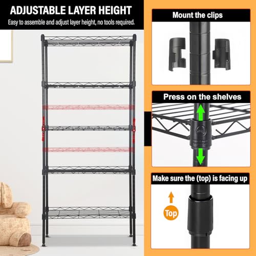 FDW | 5-Tier Wire Shelf | 21" x 11" x 48" | Black - color: Black, size: 5-Shelf No Wheels