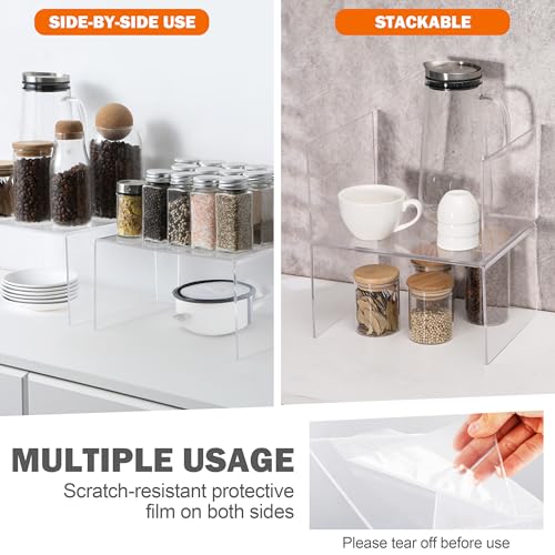 Clear Acrylic Cabinet Organizer Shelf 4Pcs, Stackable Cabinet Shelves, Dish Organizer for Cabinet, Kitchen Cabinet Organizer Riser, Pantry Cupboard Storage for Spice Bottles, Mugs, Small Plates & Jars