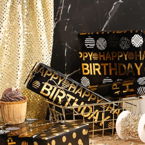 WRAPAHOLIC Reversible Birthday Wrapping Paper Roll - Mini Roll - 17 Inch x 16.5 Feet - Black Gold Happy Birthday Wrapping Paper Perfect for Adults Kids Girls Boys, Baby Shower - color: Black - Happy Birthday & Polka Dots