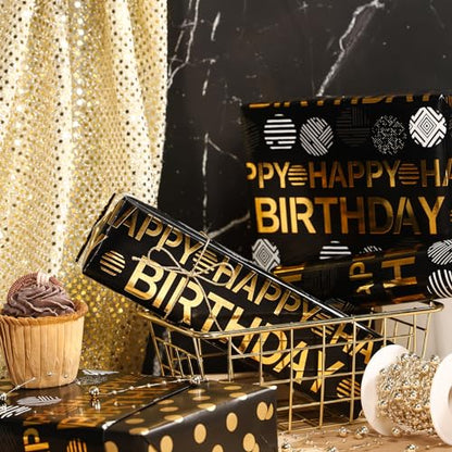 WRAPAHOLIC Reversible Birthday Wrapping Paper Roll - Mini Roll - 17 Inch x 16.5 Feet - Black Gold Happy Birthday Wrapping Paper Perfect for Adults Kids Girls Boys, Baby Shower - color: Black - Happy Birthday & Polka Dots