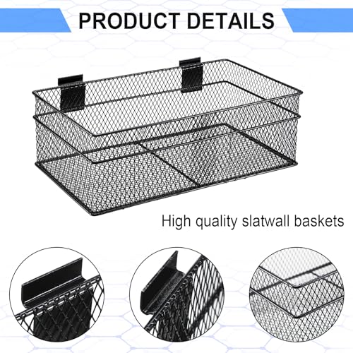 Barydat 4 Pcs Slatwall Basket Set Ventilated Metal Slatwall Basket Hanging Wire Bins Wall Mounted Accessories for Panel Garage Storage Display Organizing(Multi Size,Black)