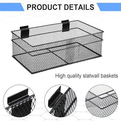 Barydat 4 Pcs Slatwall Basket Set Ventilated Metal Slatwall Basket Hanging Wire Bins Wall Mounted Accessories for Panel Garage Storage Display Organizing(Multi Size,Black)