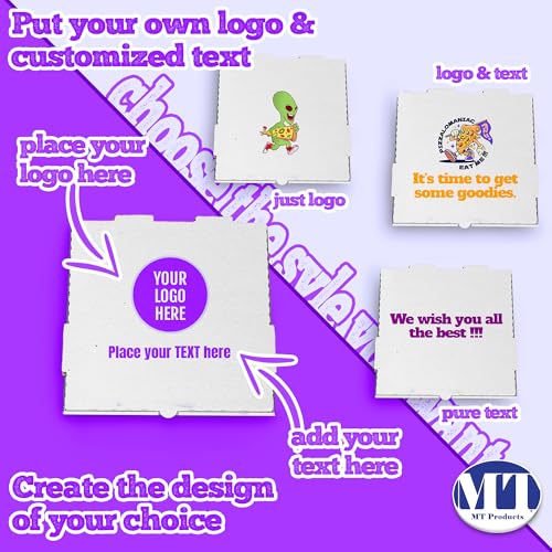 MT Products White Custom Printed Pizza Boxes with logo - 10 x 10 x 1.75 Corrugated Cardboard - color: Custom Printed - White