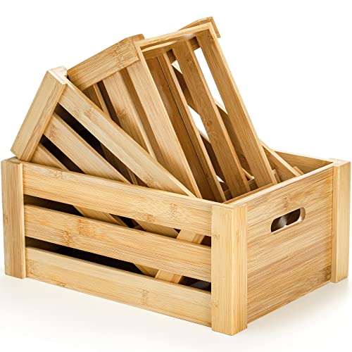 Lawei Set of 3 Bamboo Nesting Crates with Handles, Rustic Decorative Storage Container Box, Crate Box for Display, Farmhouse Bamboo Basket Bins for Fruit, Vegetable, Kitchen, Office, Bedroom, Closet