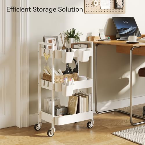 Nunsino 3 Tier Rolling Cart,Utility Cart with Locking Wheels, Hanging Cups,&Hooks, Heavy Duty Metal Storage Organizer Cart for Kitchen,Office, Bathroom,Craft Room,White - color: White