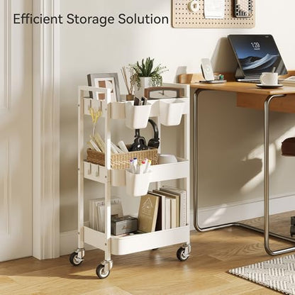 Nunsino 3 Tier Rolling Cart,Utility Cart with Locking Wheels, Hanging Cups,&Hooks, Heavy Duty Metal Storage Organizer Cart for Kitchen,Office, Bathroom,Craft Room,White - color: White