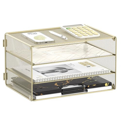 DALTACK 3 Tier Letter Tray Paper Organizer with Sliding Mesh Trays Yellow - color: Golden Yellow