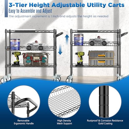 Leteuke 3 Tier Rolling Carts with Wheels, Heavy Duty Rolling Utility Cart - color: Matte Black