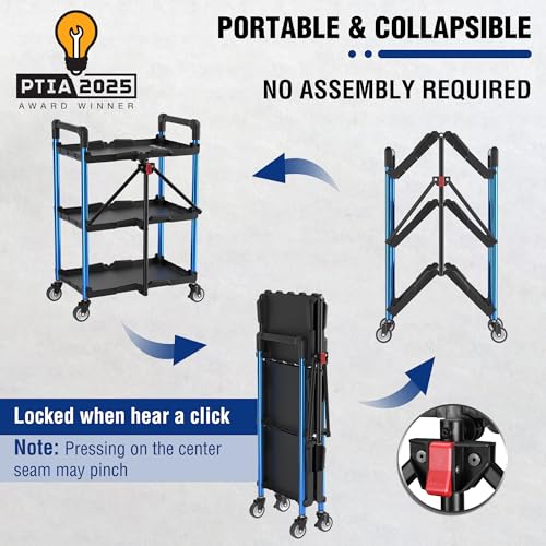WORKPRO 3-Tier Collapsible Utility Cart, 210 LBS Cart with Wheels - color: Black/Glossy Blue