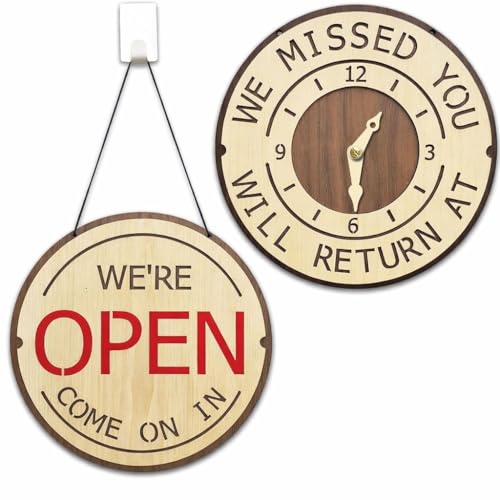 LOKAUS Happy Smiley Face Design, Open and Closed Sign, Wooden Come On In, Will Return Clock, Be Back Sign with Clock, Double Sided Open Signs for Business