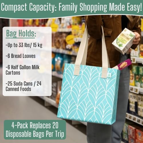 VENO 2/4 Pack Compact Reusable Grocery Shopping Bags with Hard Bottom - color: Evergreen - 4 Pack