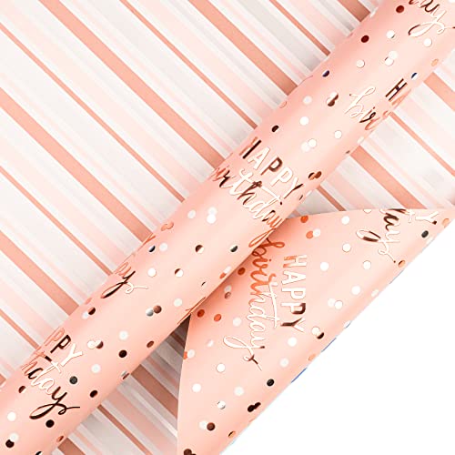 LeZakaa Reversible Pink Birthday Wrapping Paper Roll for Girls Women, Happy Birthday Lettering & Stripe Pattern with Metallic Foil in Pink, Large Roll, 30 inches x 32.8 Feet (92.9 sq.ft.) - color: Birthday - Metallic Pink, size: 30" X 32.8 ft